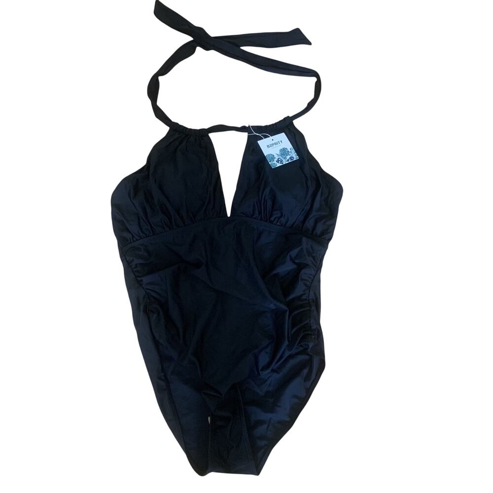 NWT B2PRITY WOMEN'S BLACK RUCHED PADDED HALTER ONE PIECE SWIMSUIT SIZE XL
